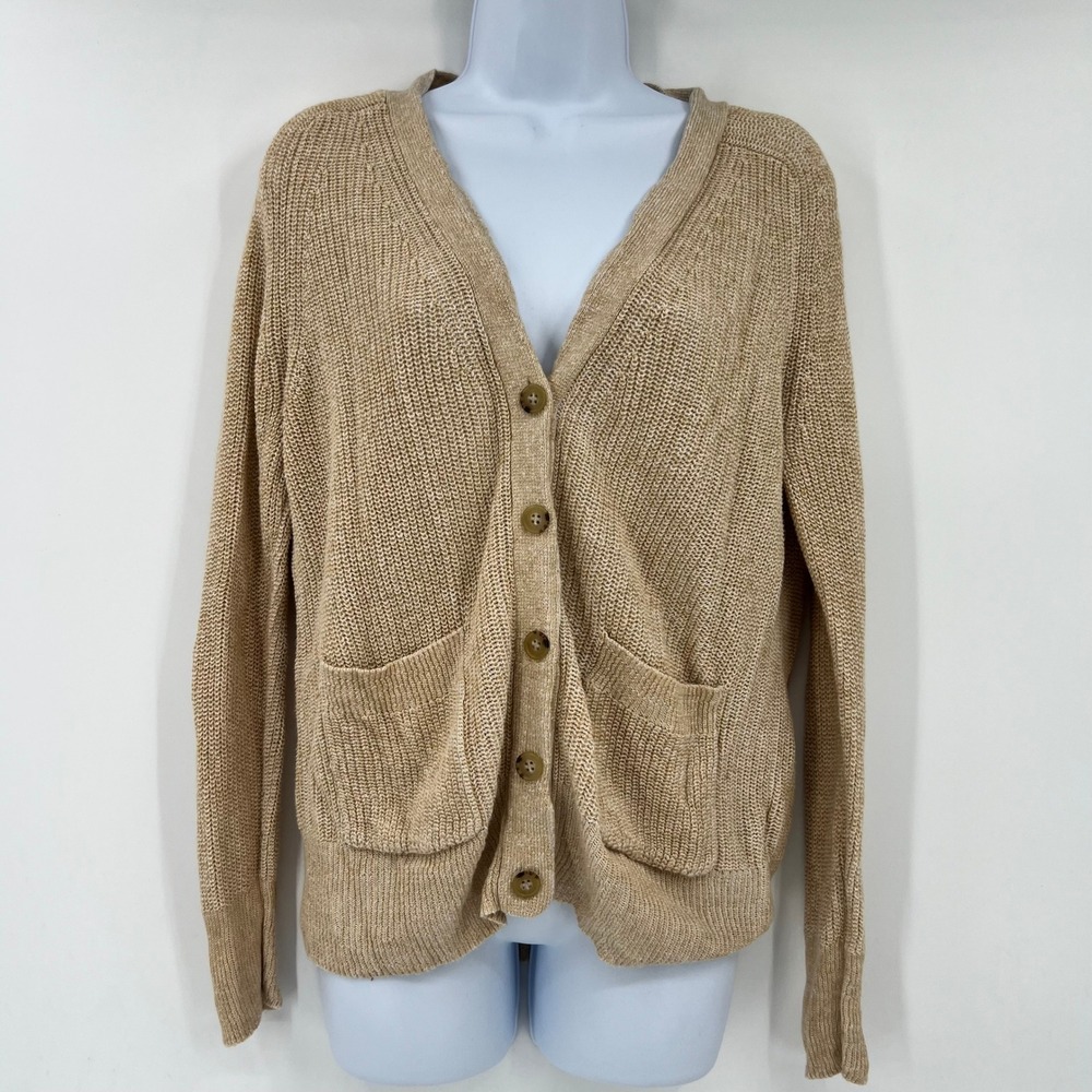 J.Crew Women Small Coastal Grandmother Beige Linen Cotton Knit Pocket Cardigan